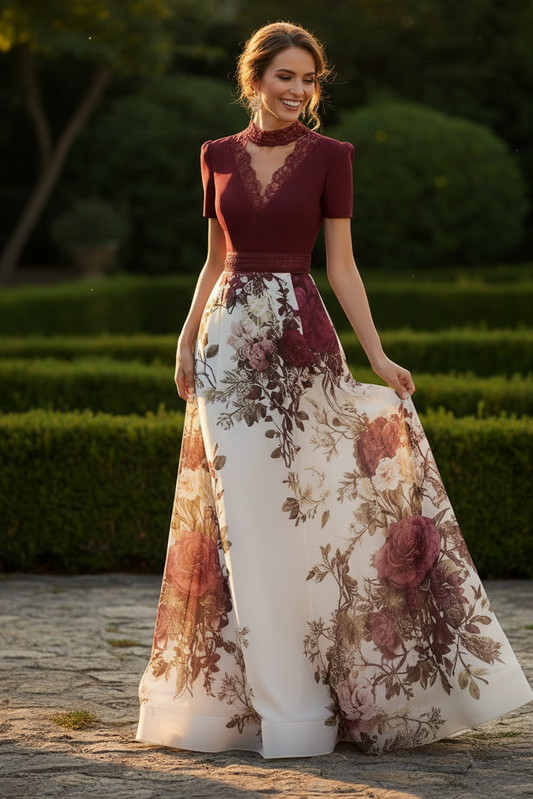 Floral Print Evening Gown with Lace Trim Neckline