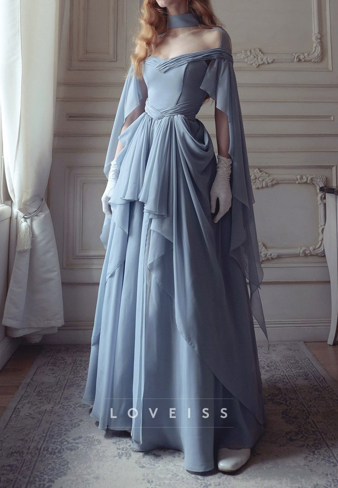 Off Shoulder Chiffon Gown with Bell Sleeves & Ruffle