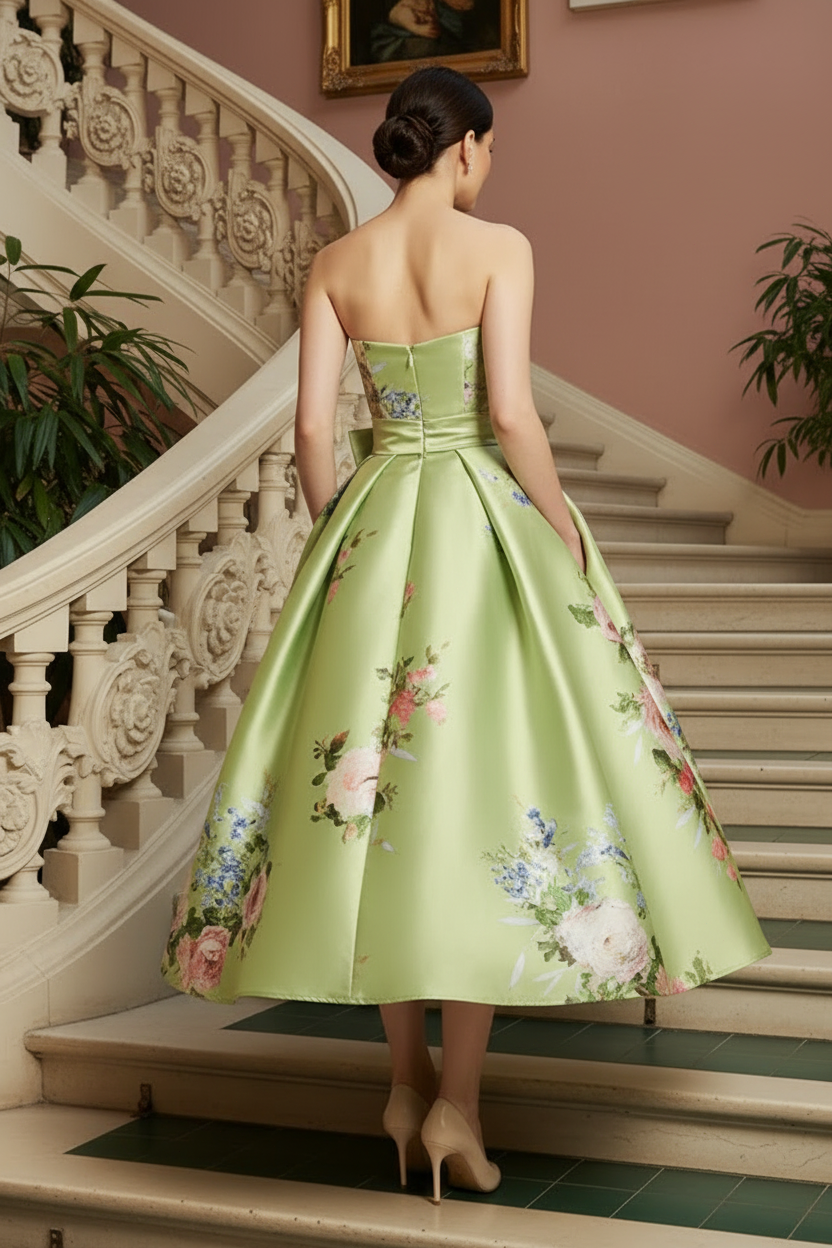 Strapless Floral Satin Tea-Length A-Line Dress