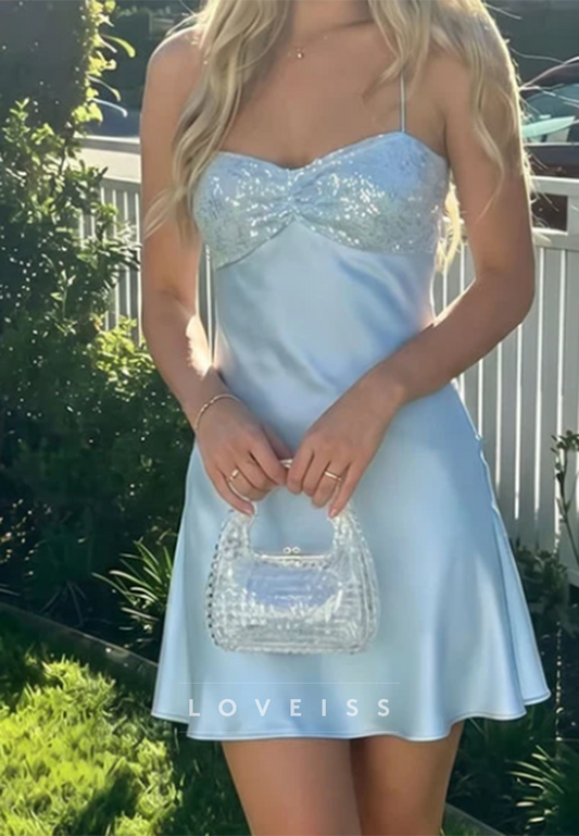 Sequin Bodice Satin Mini Dress with Lace-Up Open Back