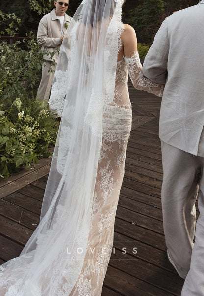 Strapless Lace Sheath Wedding Dress with Draped Hip