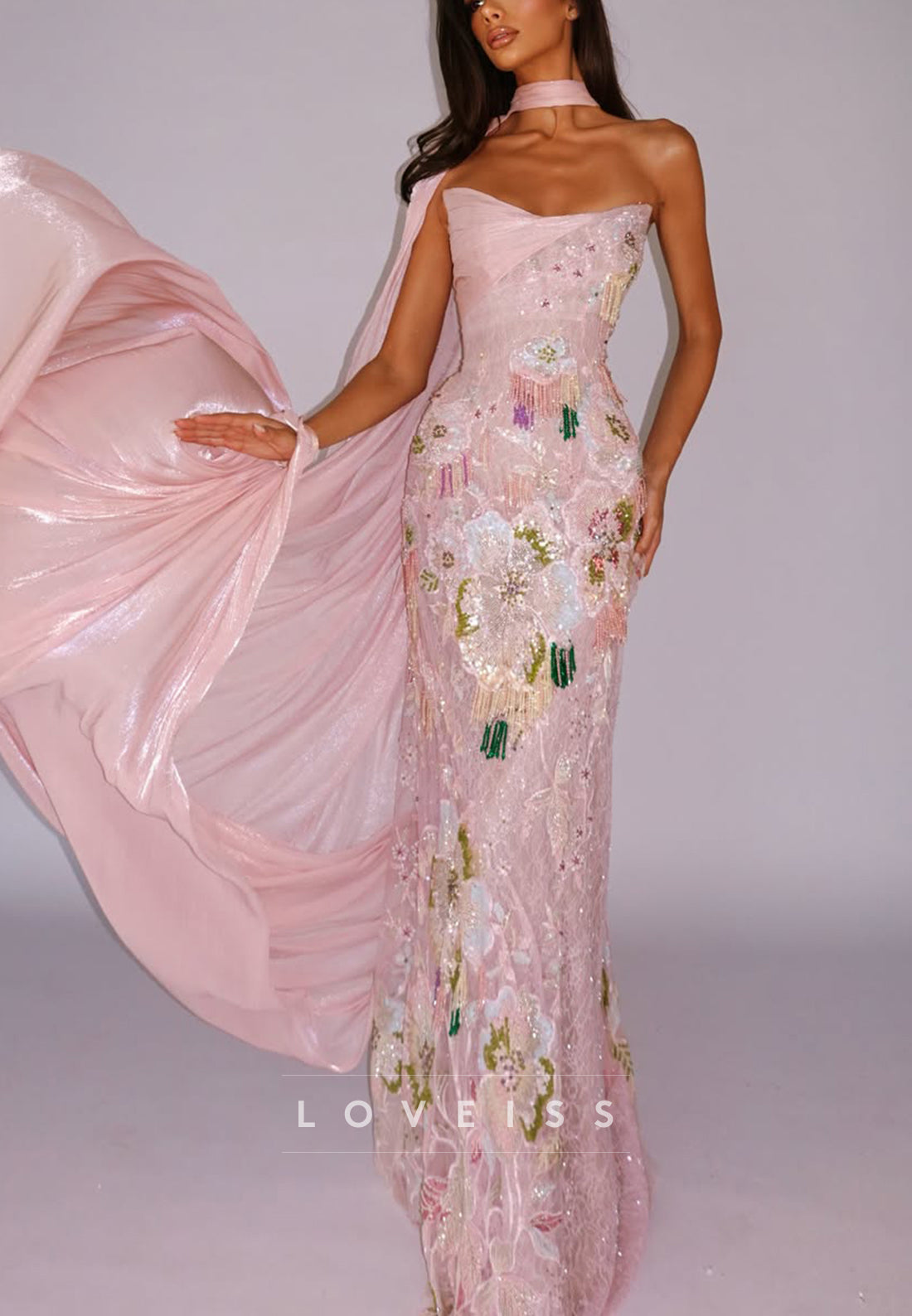 Strapless Sequin Floral Gown with Iridescent Shawl