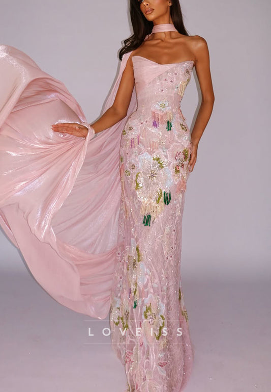 Strapless Sequin Floral Gown with Iridescent Shawl
