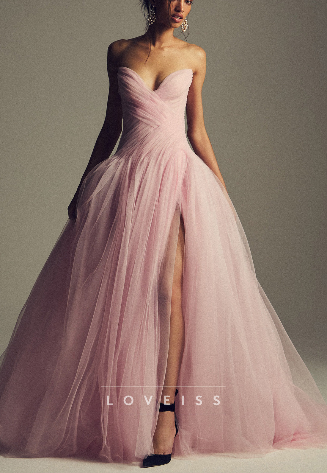 Strapless Ruched Bodice Tulle Ball Gown with Slit