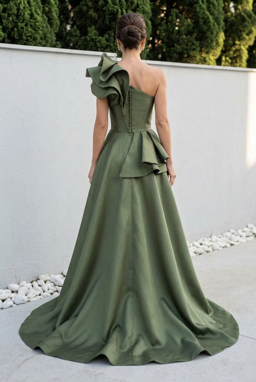 One-Shoulder Ruffle Peplum Evening Gown