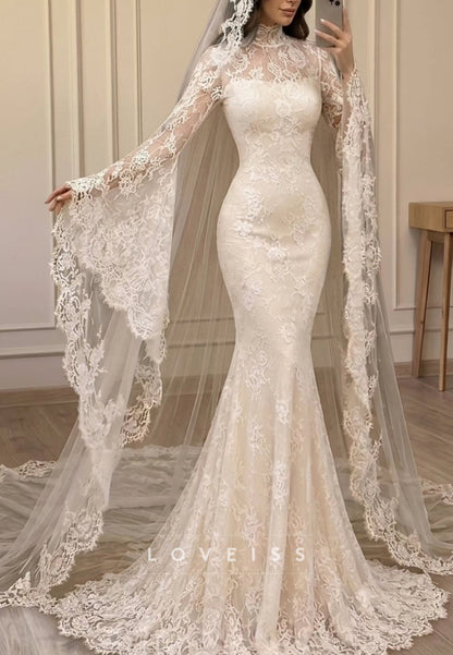 High-Neck Lace Mermaid Wedding Dress with Cape Sleeves