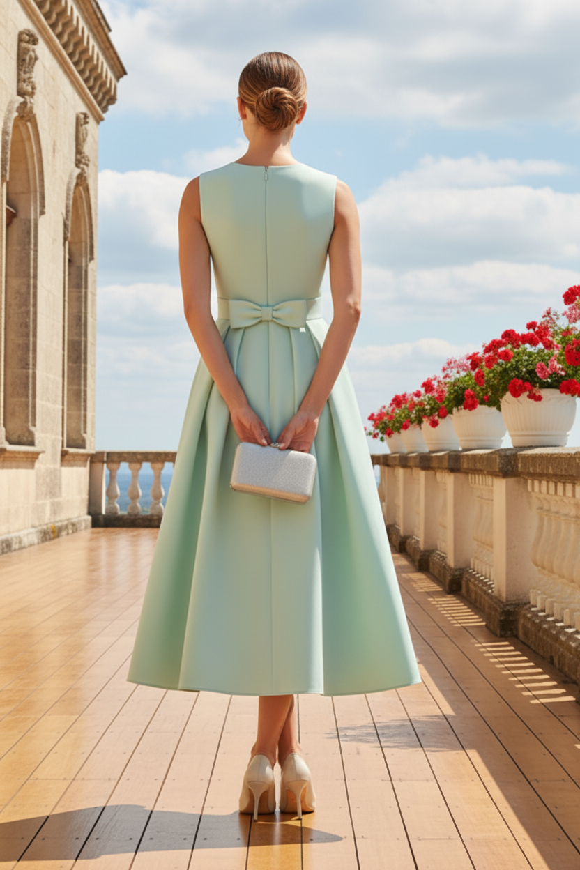 Sleeveless Pleated A-Line Midi Dress with Bow