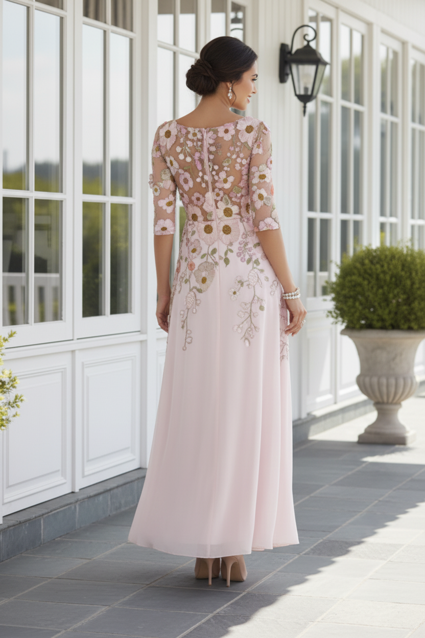 Floral Embroidered A-Line Evening Dress with 3/4 Sleeves