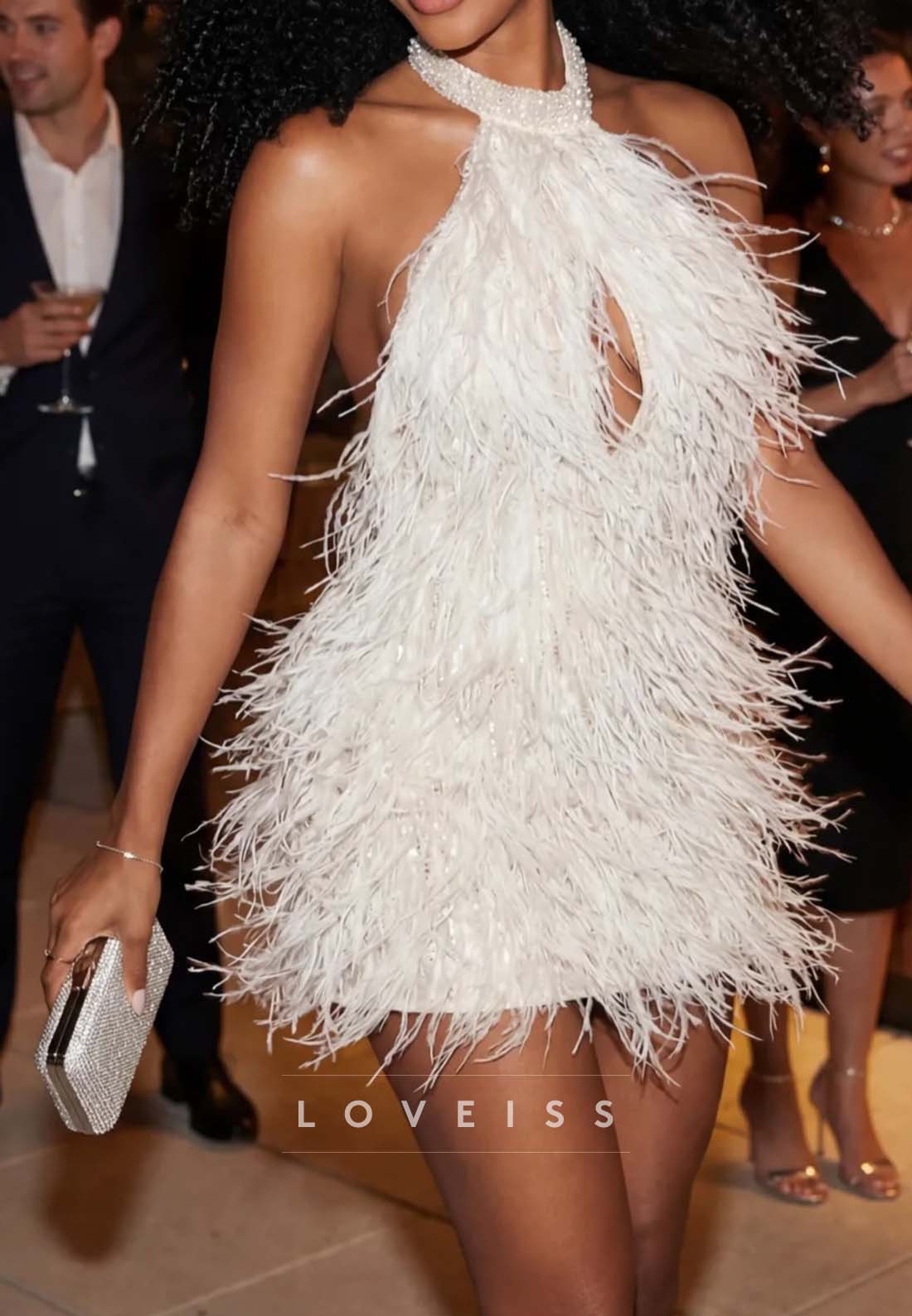 Halter Feather Mini Dress with Beaded Neck