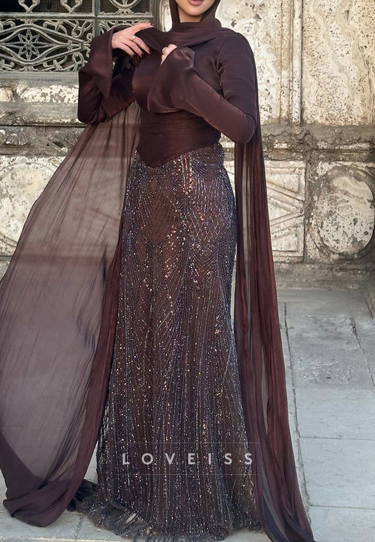 Long Sleeve Sequin Mermaid Gown with Draped Shawl