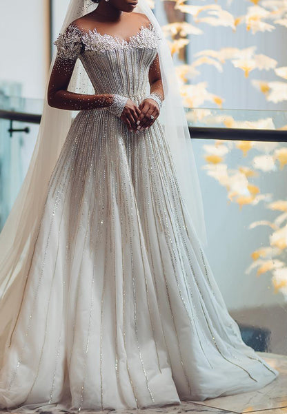 Beaded Ball Gown Wedding Dress with Illusion Sleeves