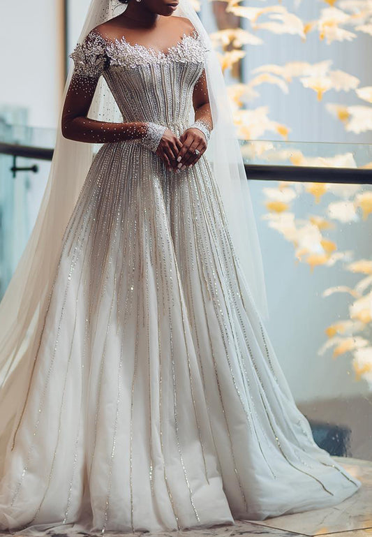 Beaded Ball Gown Wedding Dress with Illusion Sleeves