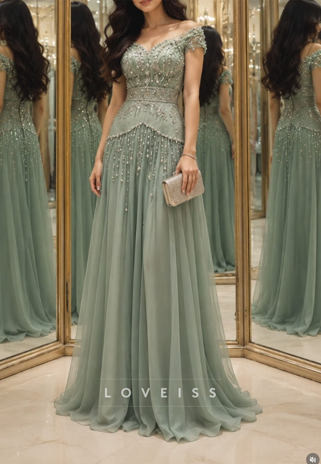 Beaded Pearl Off Shoulder A-Line Evening Gown