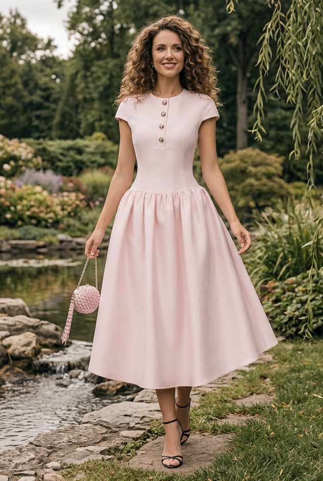 Drop Waist Button Front Midi Dress with Cap Sleeves