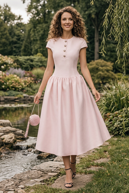 Drop Waist Button Front Midi Dress with Cap Sleeves