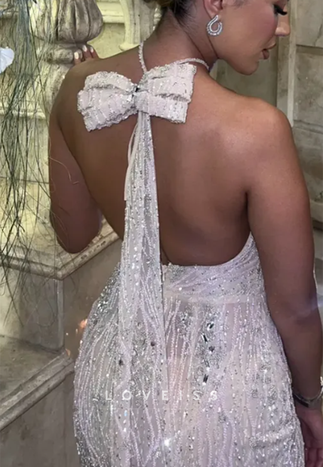 Sequin Beaded Mermaid Evening Gown with Bow