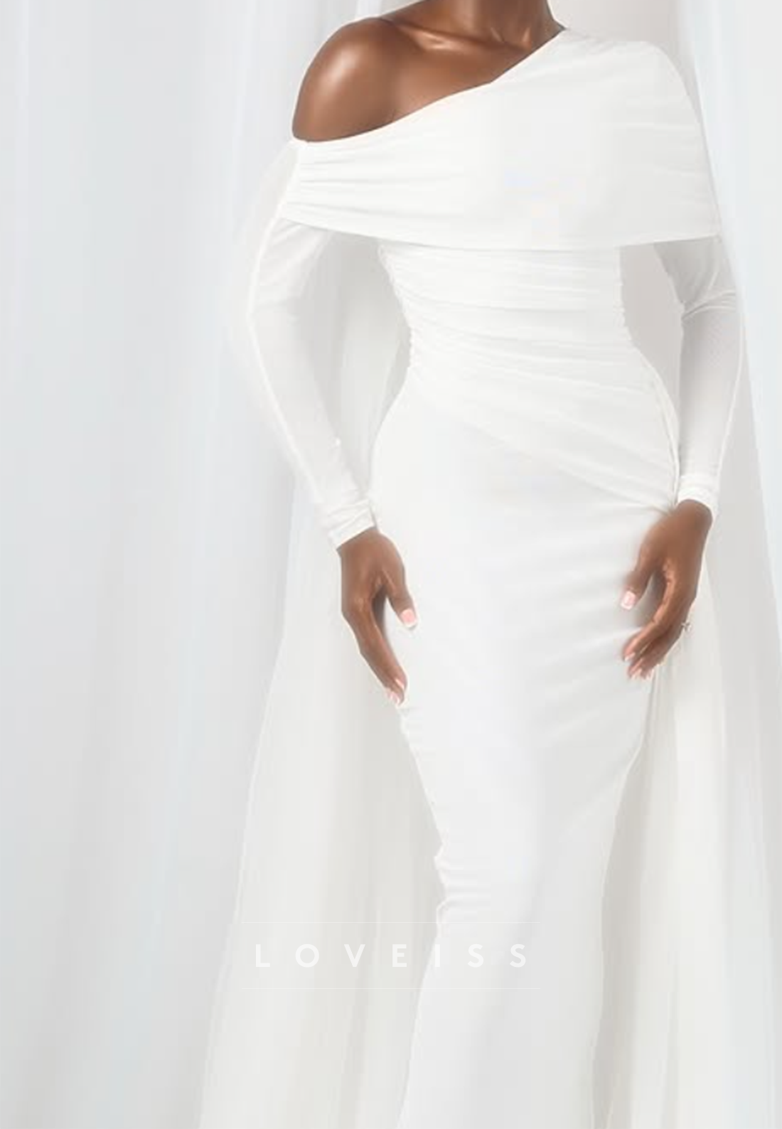 One-Shoulder Long Sleeve Gown with Draped Train