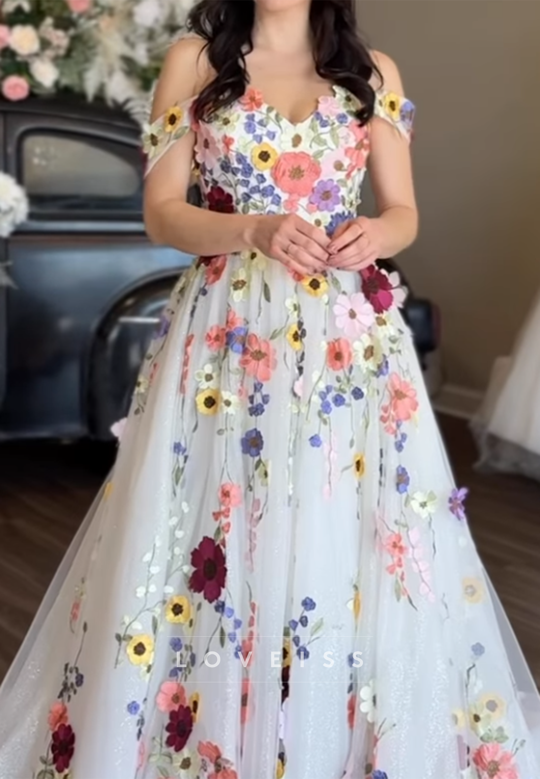 Off-the-Shoulder 3D Floral A-Line Wedding Dress