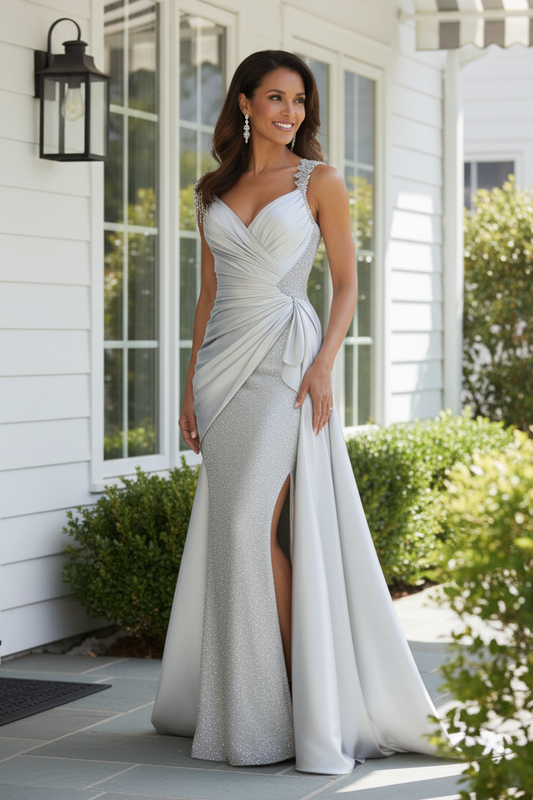 Asymmetrical Satin Gown with Beaded Fringe
