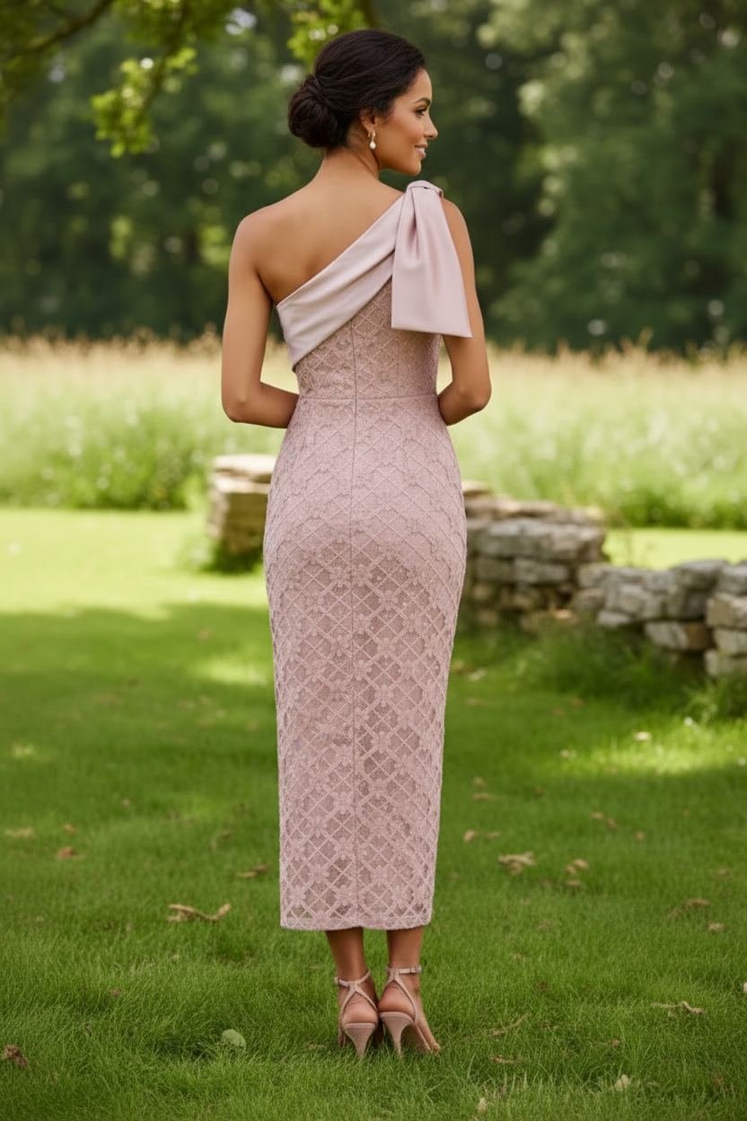 One-Shoulder Lace Midi Dress with Satin Bow