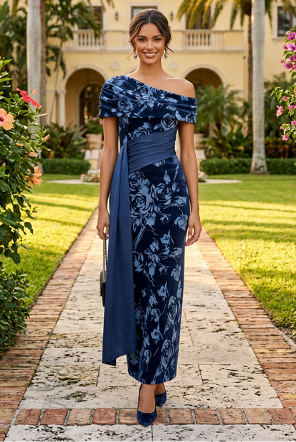 Floral Asymmetrical Neckline Midi Sheath Dress