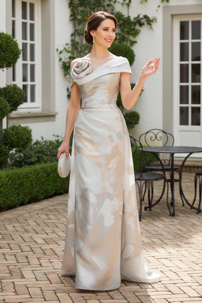 Off-the-Shoulder Floral Jacquard Evening Gown