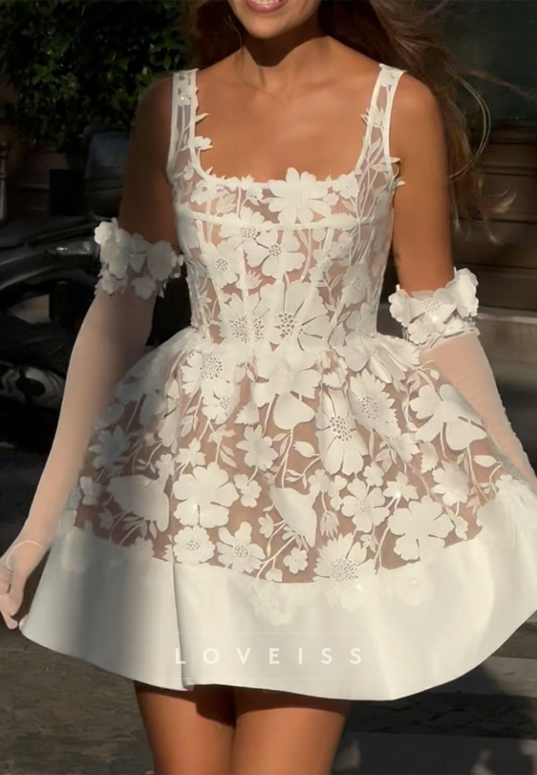 Square Neck Corset Floral Lace Mini Wedding Dress