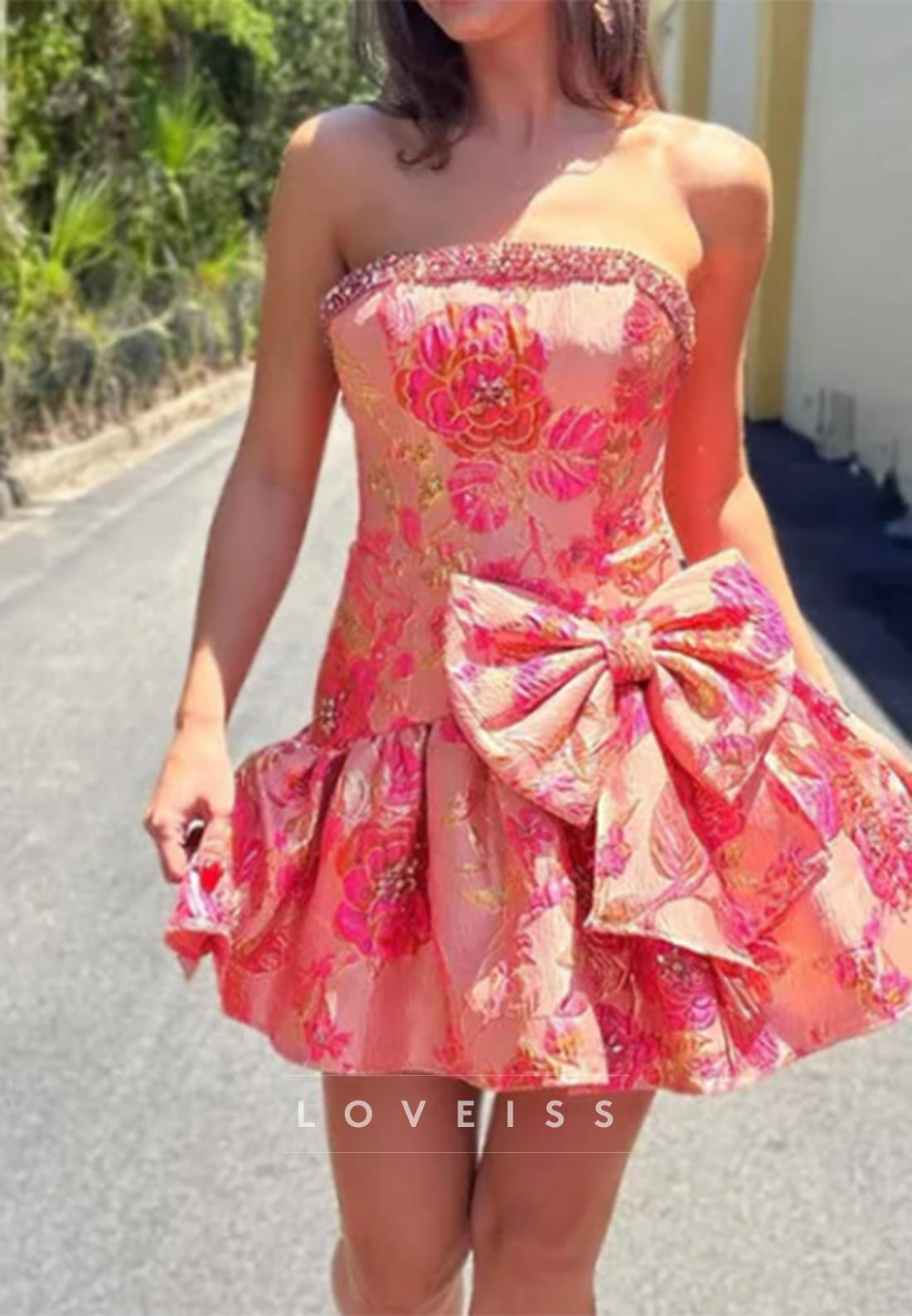 Strapless Jacquard Mini Dress with Statement Bow
