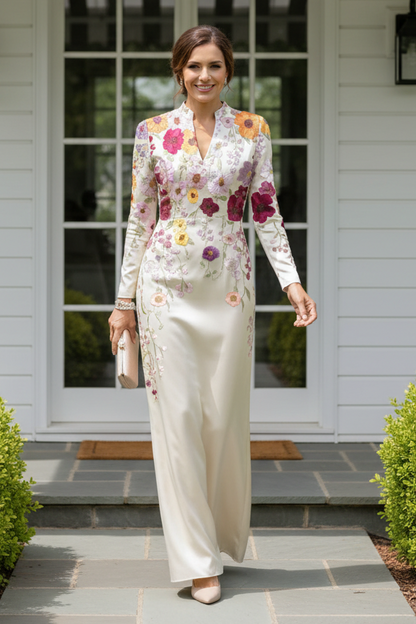 Floral Embroidered Long Sleeve Sheath Evening Gown