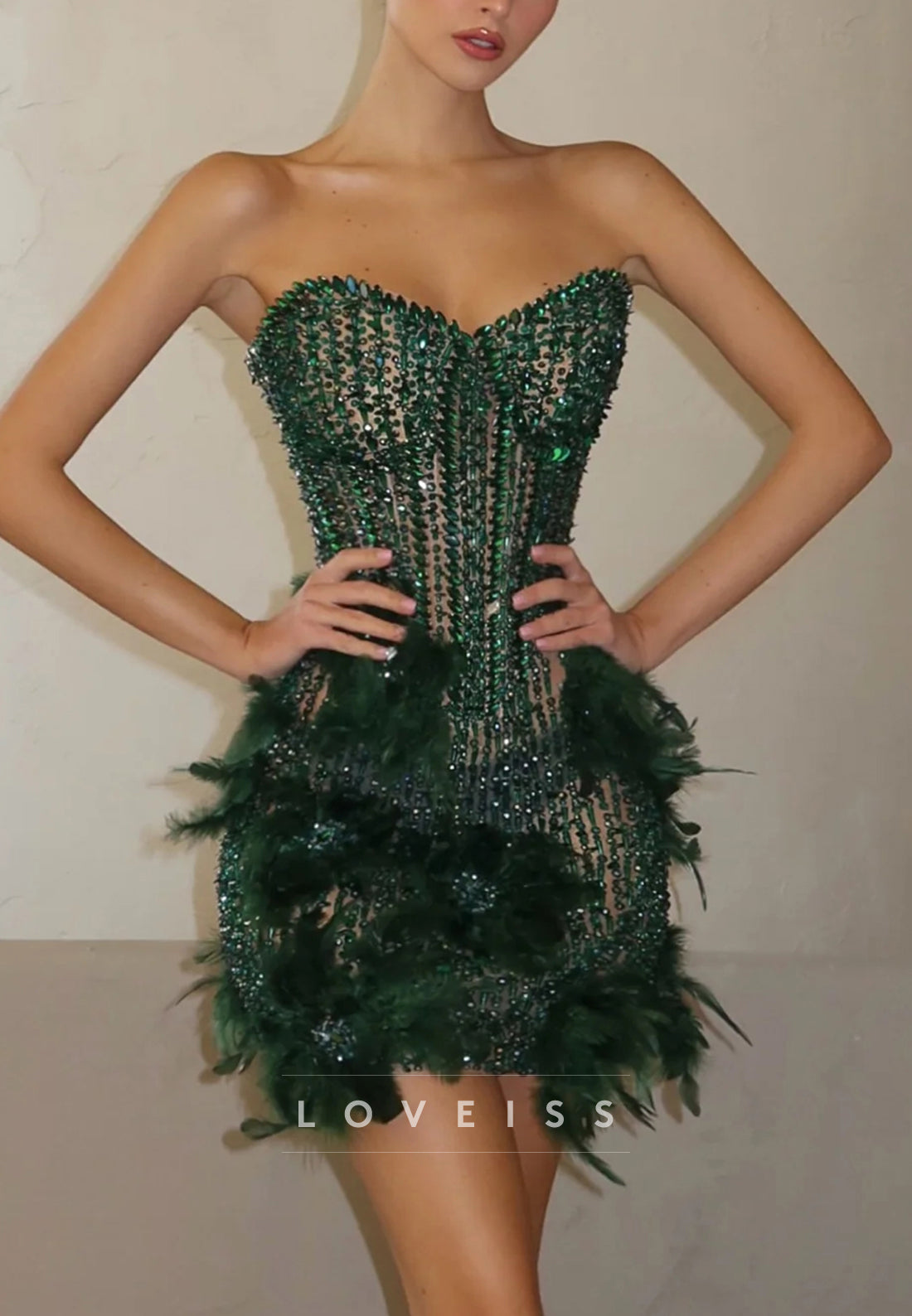 Strapless Beaded Corset Mini Dress with Feathers