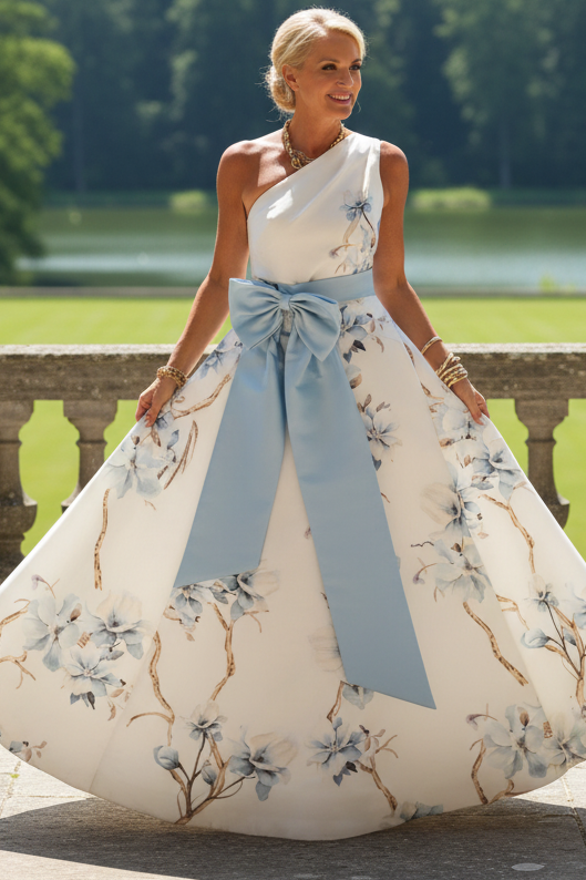 One-Shoulder Floral Print Gown with Bow Sash