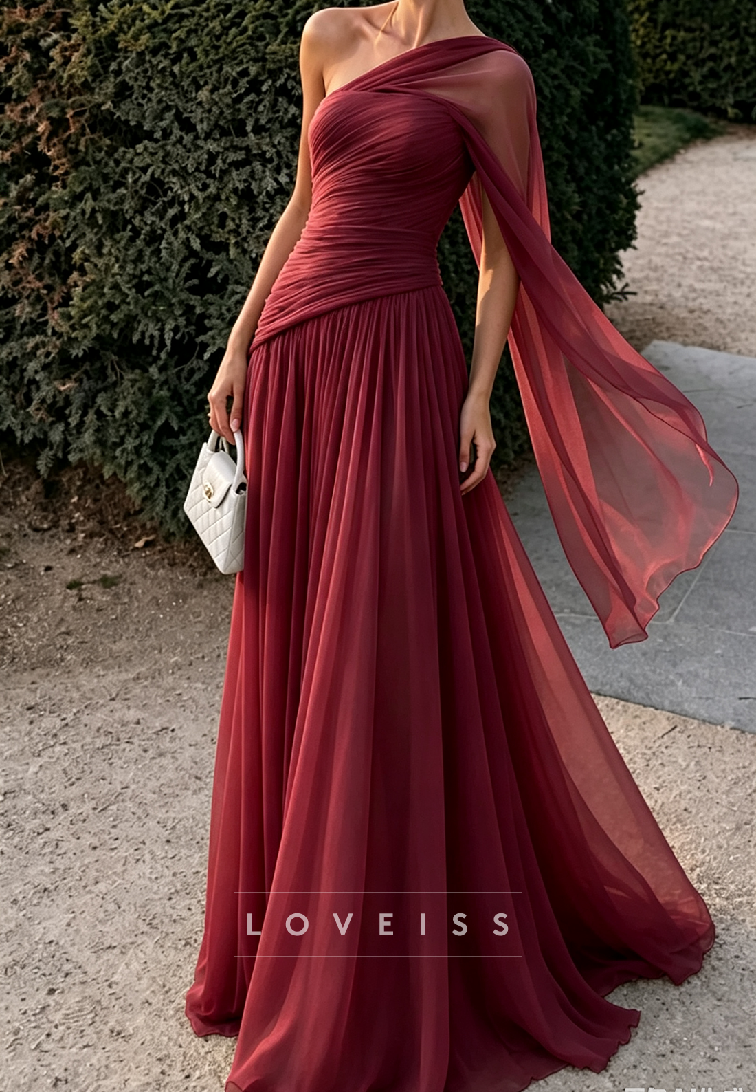 One Shoulder Chiffon A-Line Evening Gown with Cape Sleeve