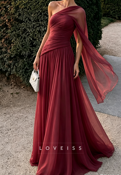 One Shoulder Chiffon A-Line Evening Gown with Cape Sleeve