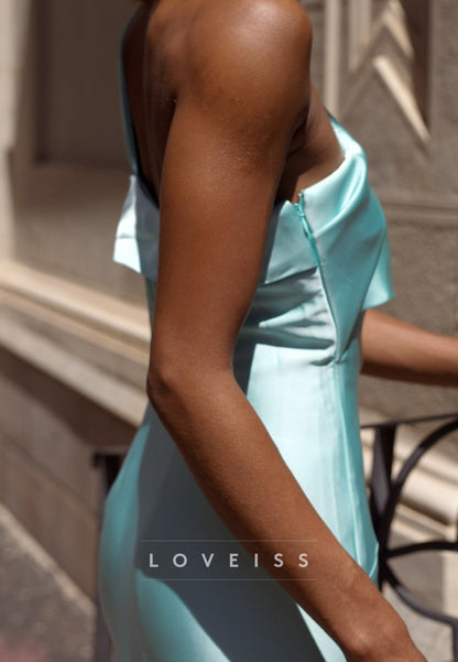 One-Shoulder Foldover Neckline Satin Gown