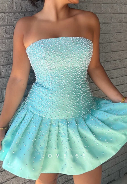Strapless Pearl Beaded Drop-Waist Mini Dress