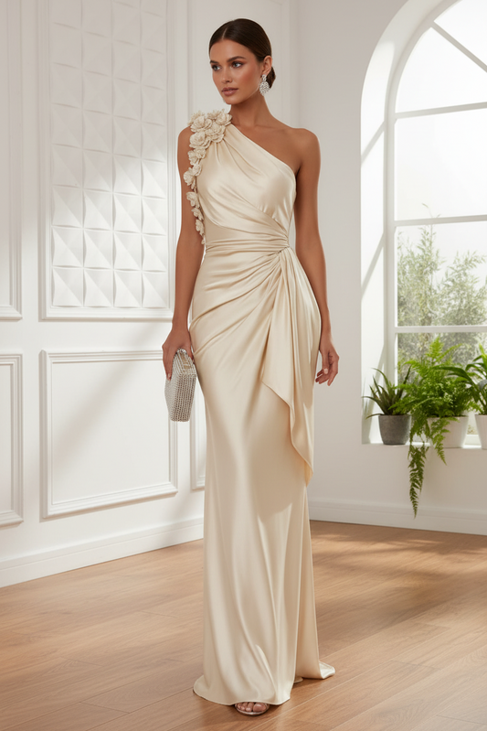 Asymmetrical 3D Floral Ruched Satin Gown