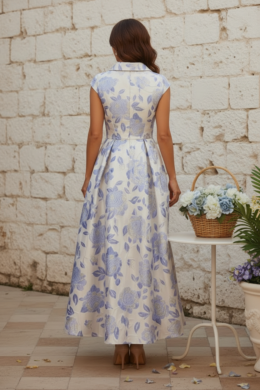 Floral Jacquard Collared A-Line Maxi Dress with Pockets