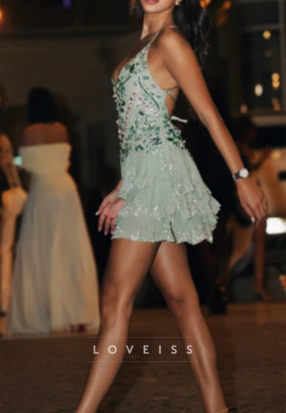 Beaded Tiered Ruffle Mini Dress with Open Back