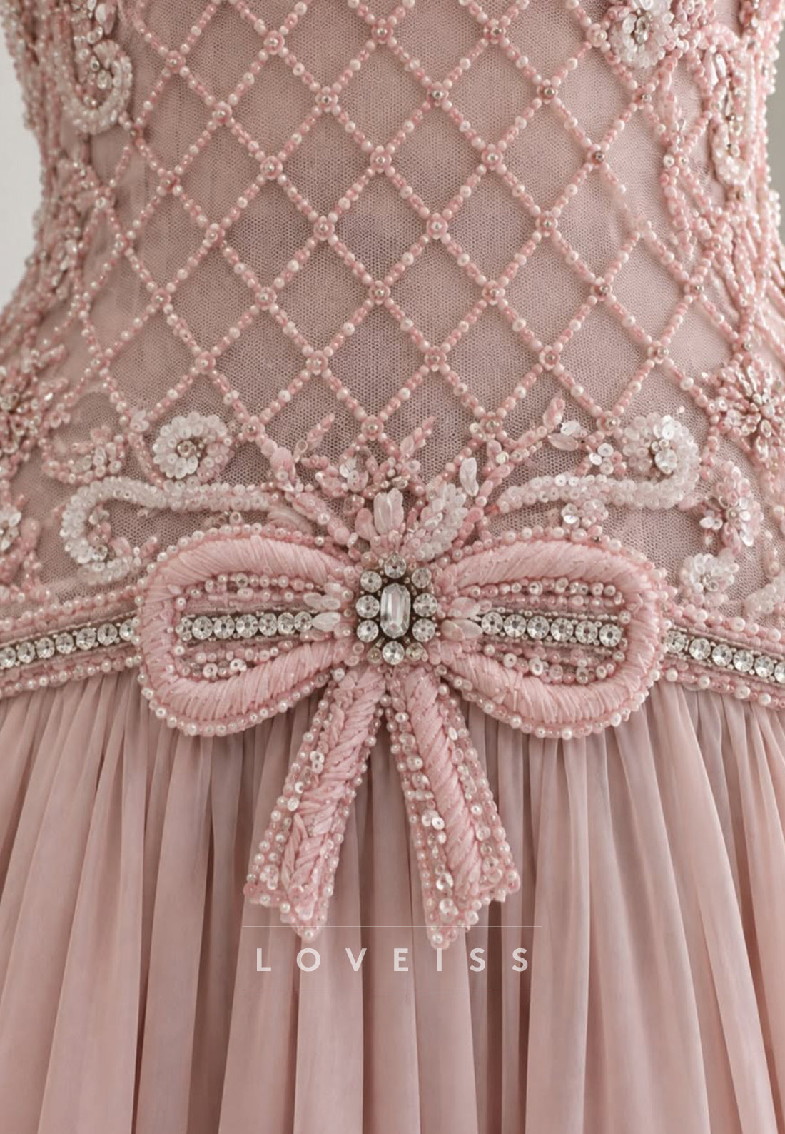 Beaded Lattice Bodice A-Line Evening Gown with Bow