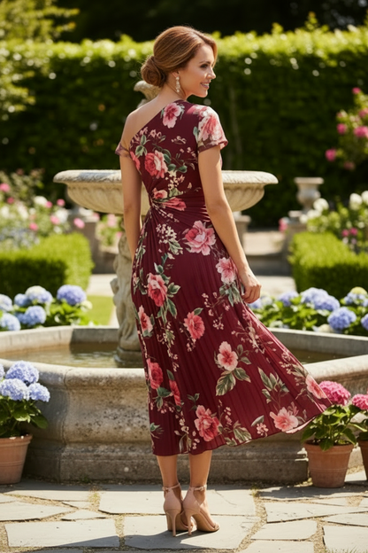 One-Shoulder Floral Pleated Midi Dress