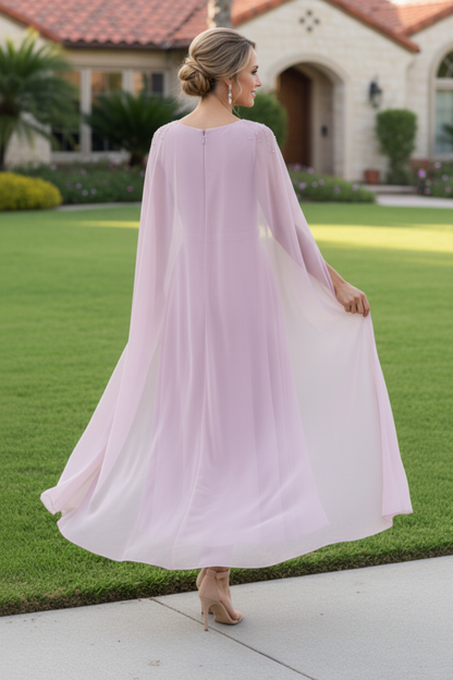 Beaded Cape Sleeve Chiffon Tea-Length A-Line Dress