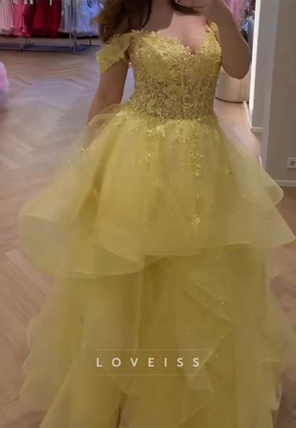 Lace Applique Tiered Ruffle Ball Gown