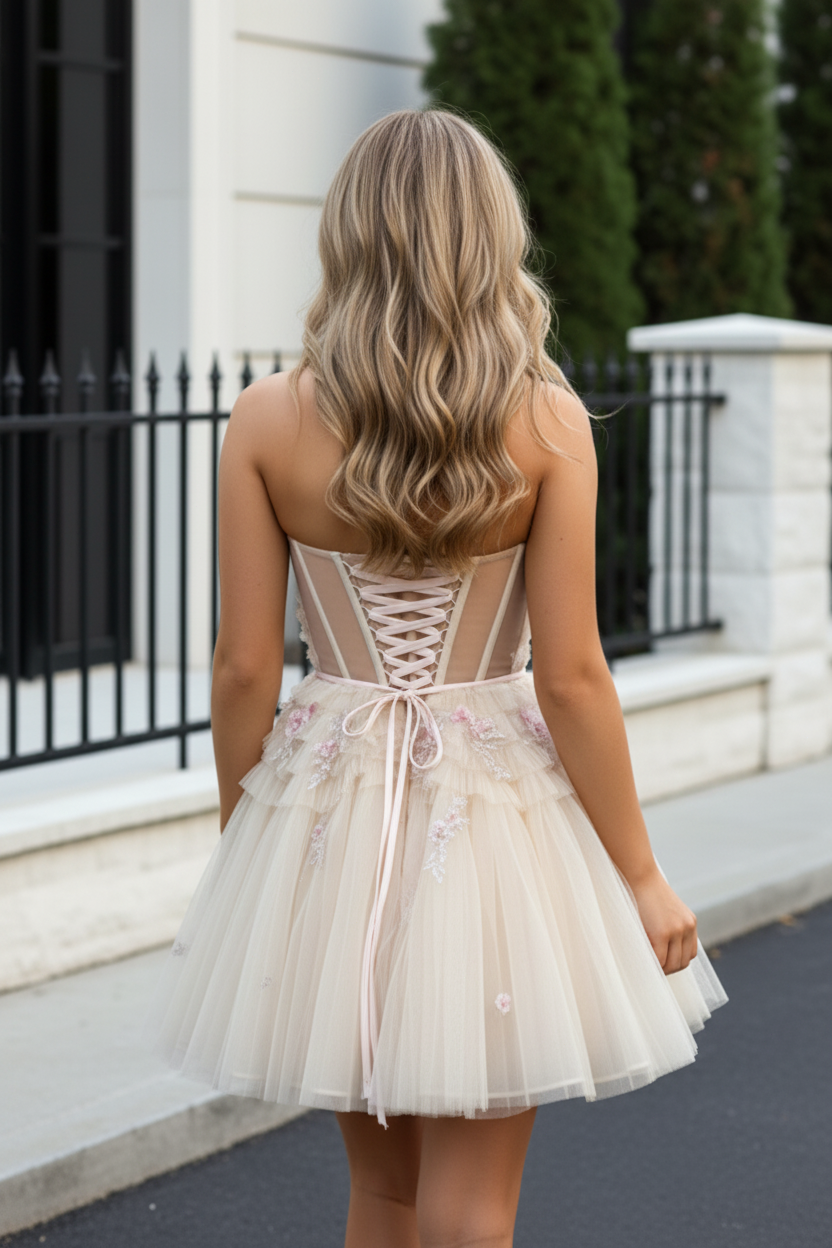 Strapless Sweetheart Tulle Mini Dress with 3D Flowers