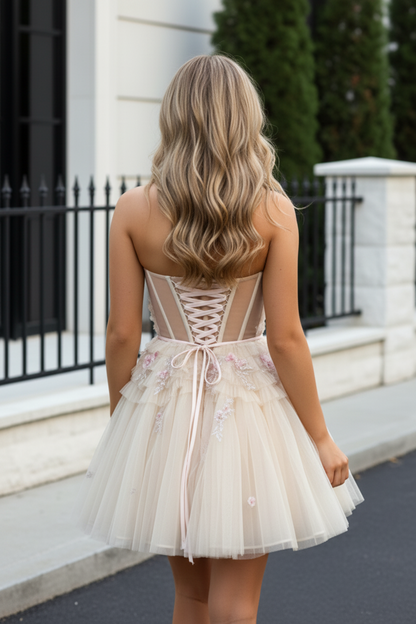 Strapless Sweetheart Tulle Mini Dress with 3D Flowers