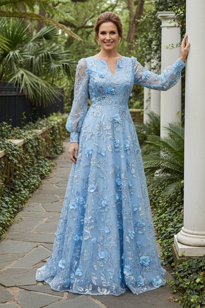 3D Floral Applique Long Sleeve A-Line Evening Gown