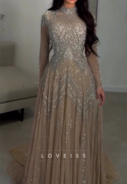 Beaded High Neck Long Sleeve A-Line Evening Gown