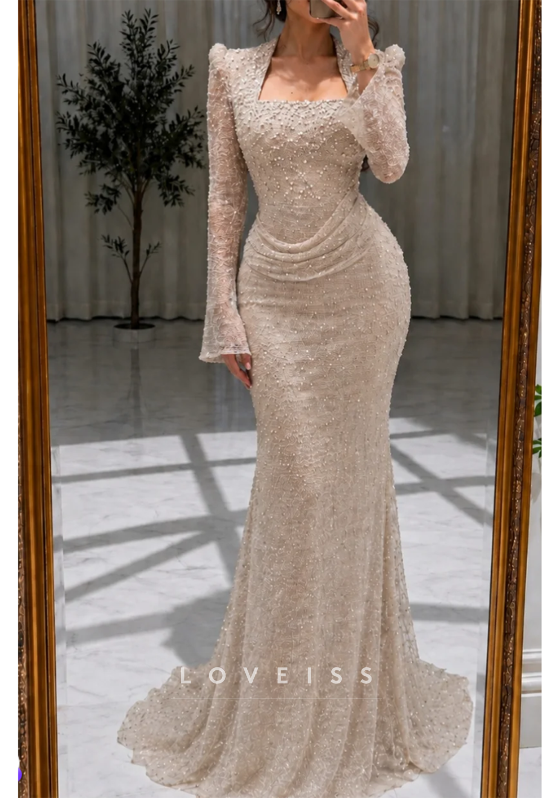 Long Sleeve Pearl Beaded Mermaid Evening Gown