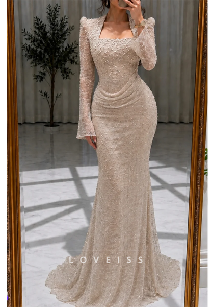 Long Sleeve Pearl Beaded Mermaid Evening Gown