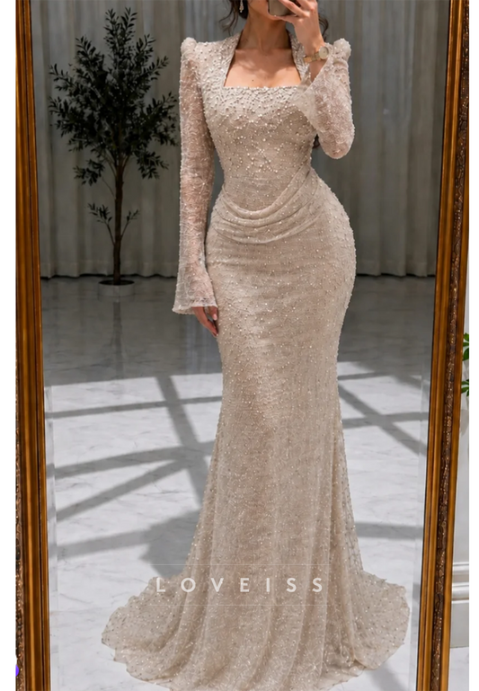 Long Sleeve Pearl Beaded Mermaid Evening Gown