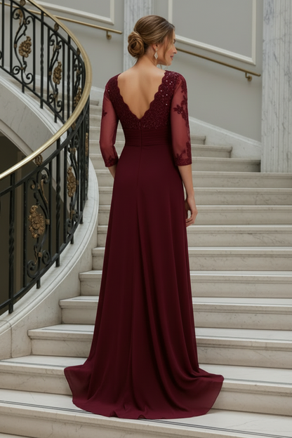 Sequin Lace Bodice Evening Gown with Draped Skirt